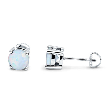 Solitaire Screw Back Stud Earring Brilliant Round Lab Created White Opal Solid 925 Sterling Silver